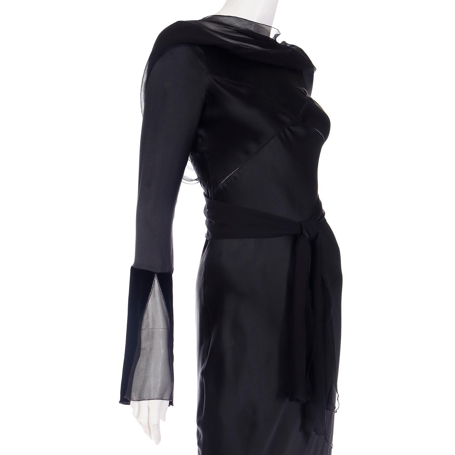 Alberta Ferretti 1990s Vintage Black Silk Evening Gown Dress W Statement Sleeves 3