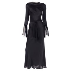 Alberta Ferretti 1990s Vintage Black Silk Evening Gown Dress W Statement Sleeves