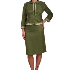 Alberta Ferretti 1990s Vintage Olive Green Cotton & Silk Skirt Suit