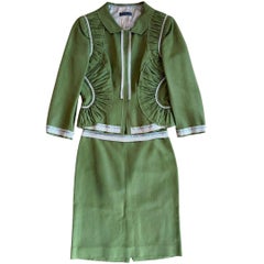 Alberta Ferretti 1990s Vintage Olive Green Cotton & Silk Skirt Suit