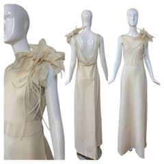 ALBERTA FERRETTI 1997 Vintage Ivory Silk Wedding Dress Bridal Gown w. Flower