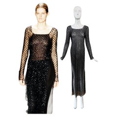 ALBERTA FERRETTI 1997 Vintage Runway Schwarzes verziertes durchsichtiges langes Tunikakleid