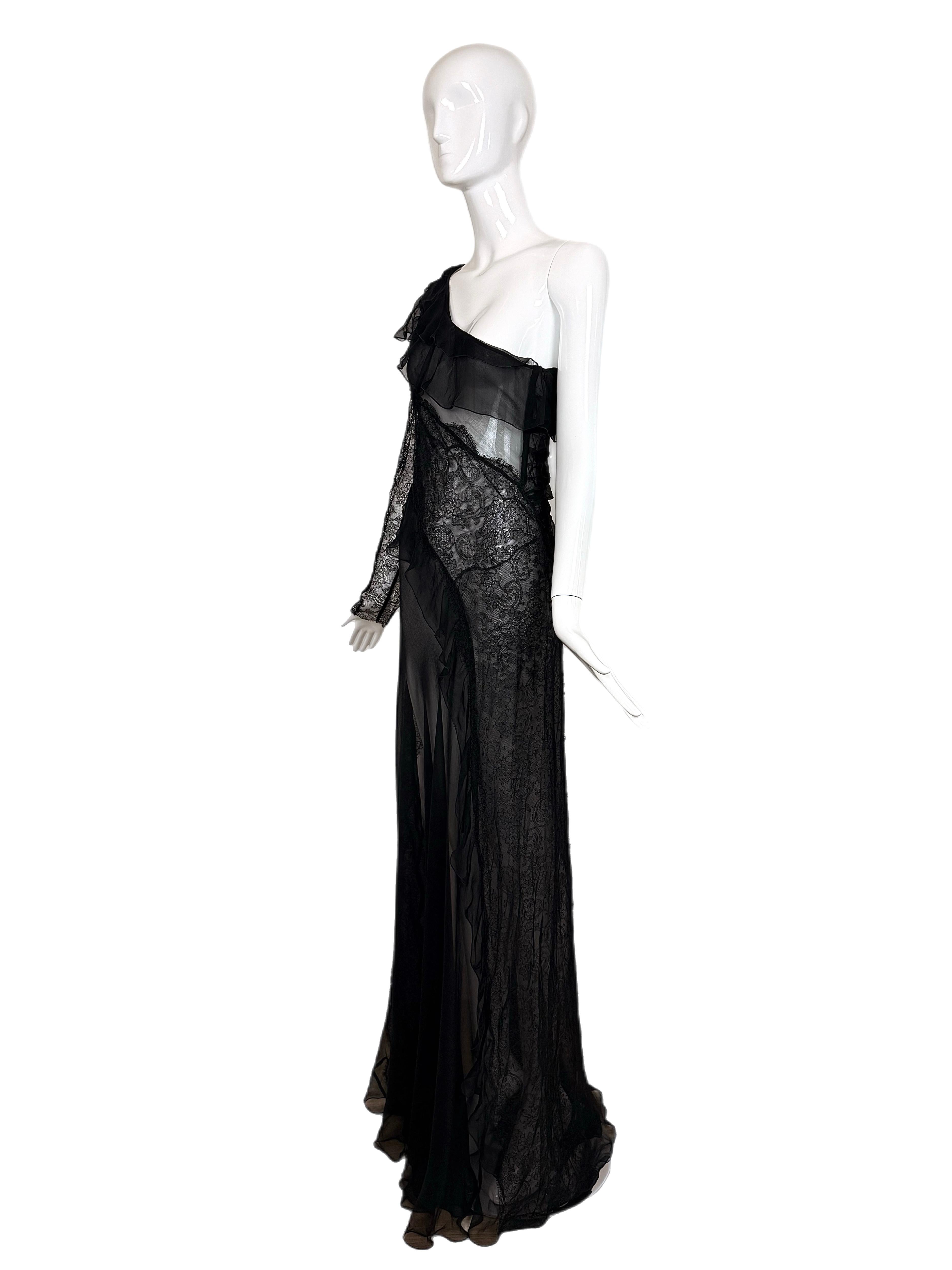 Black ALBERTA FERRETTI 2013 Vintage Runway Sheer Silk Lace Gown Maxi Dress For Sale