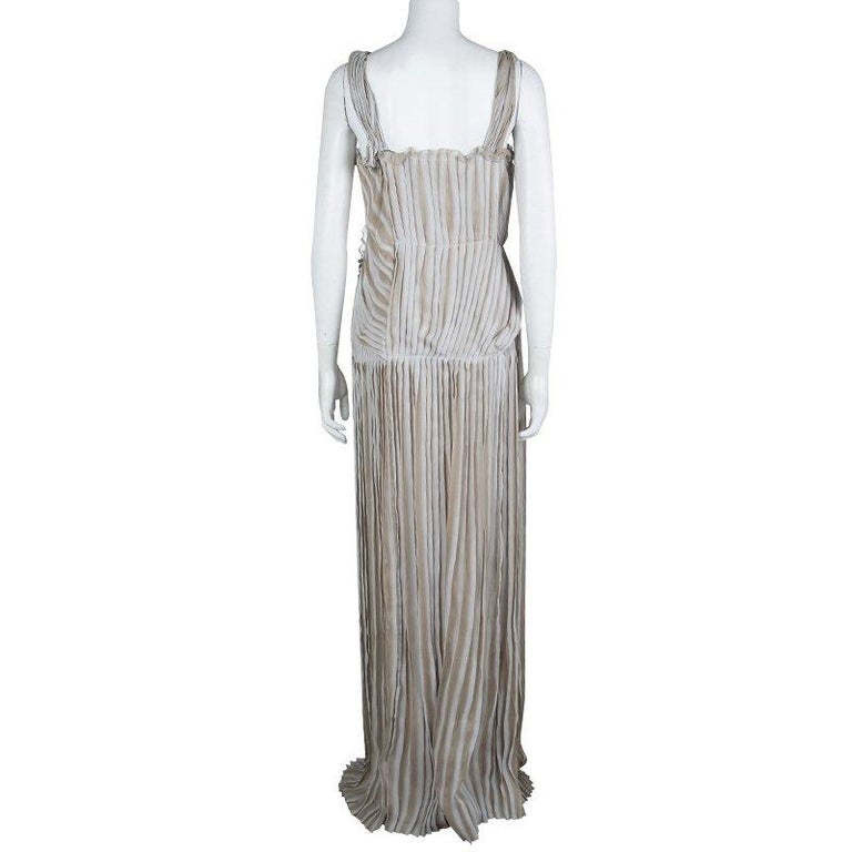 Alberta Ferretti Beige Silk Pleated Pintuck Detail Sleeveless Gown