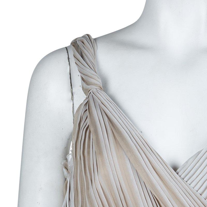 Alberta Ferretti Beige Silk Pleated Pintuck Detail Sleeveless Gown M 1