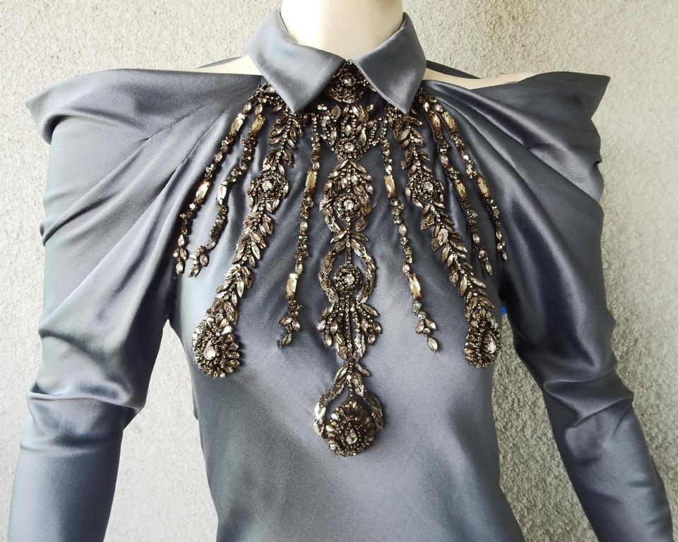 Gray Alberta Ferretti Bias Cut Silk Dress with Jewel Décolleté  For Sale