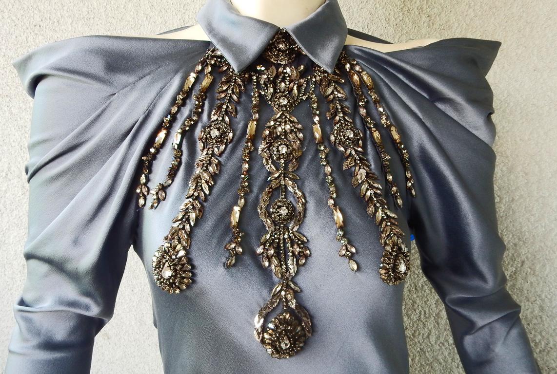 Alberta Ferretti Bias Cut Silk Dress with Jewel Décolleté  In New Condition For Sale In Los Angeles, CA