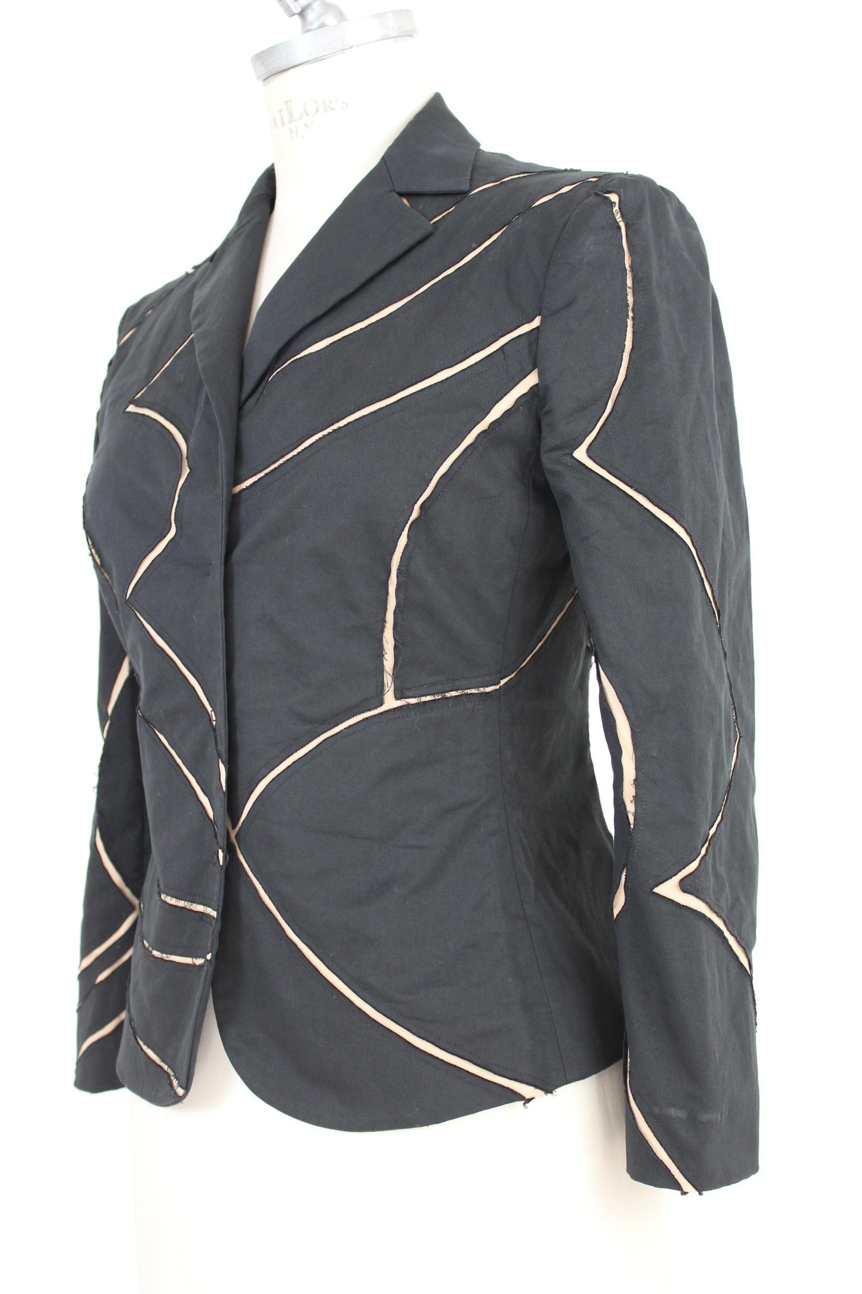 Women's Alberta Ferretti Black Beige Cut Laser Stripes Blazer Jacket 2000s