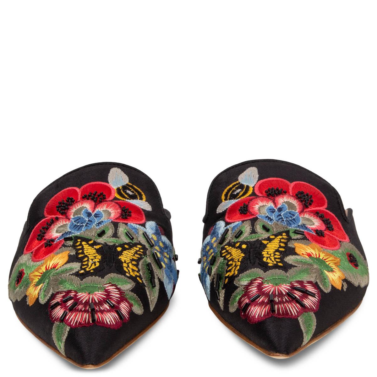 100% authentic Alberta Ferretti Mia poited-toe mules in black satin with multicolor flower embroidery and black beaded details. Brand new. Come with dust bag. 

Measurements
Imprinted Size	38
Shoe Size	38
Inside Sole	25cm (9.8in)
Width	7.5cm