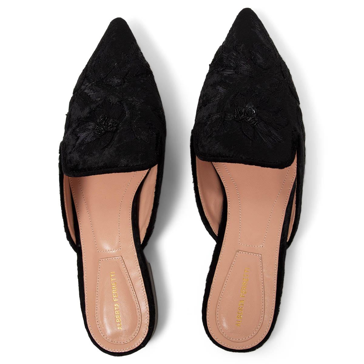 Black ALBERTA FERRETTI black EMBROIDERED VELVET MIA Mules Flats Shoes 38