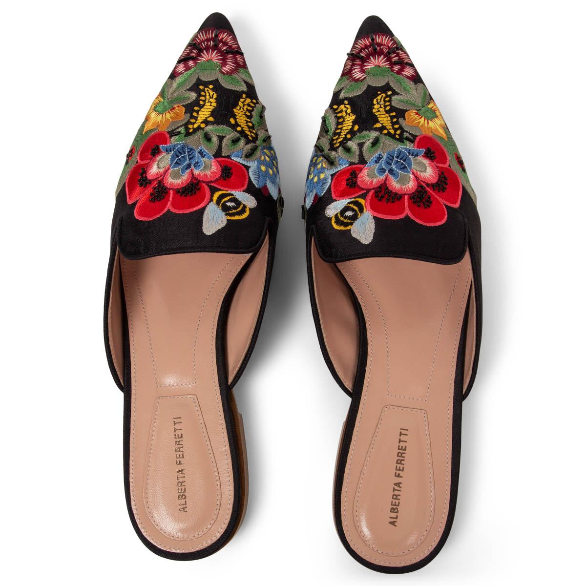 ALBERTA FERRETTI black EMBROIDERED VELVET MIA Mules Flats Shoes 38 In New Condition In Zürich, CH