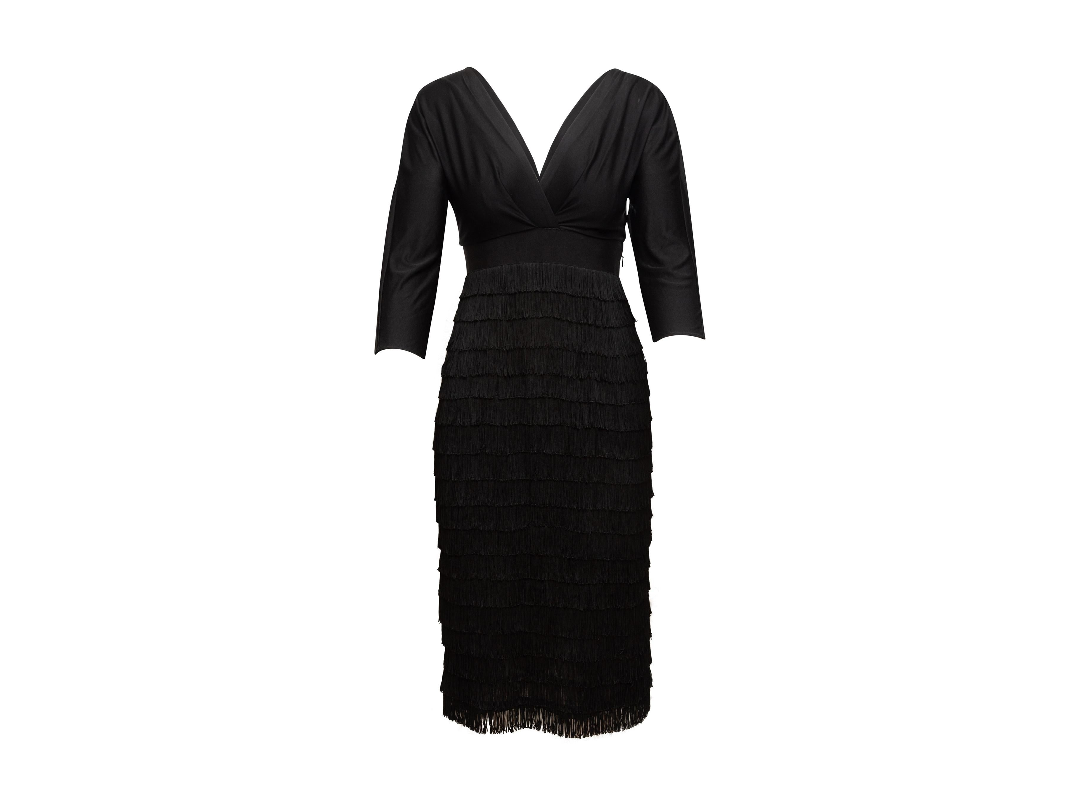 Product details: Black silk-blend three-quarter sleeve dress by Alberta Ferretti. Surplice neckline. Tiered fringe skirt. Zip closure at side. 30