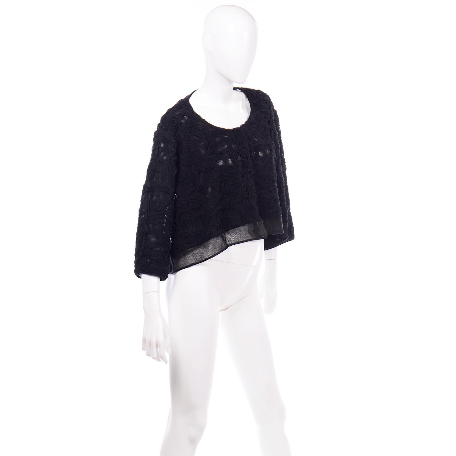 Alberta Ferretti Black Linen and Silk Jacket Top W Soutache Style Detail & Mesh In Excellent Condition In Portland, OR