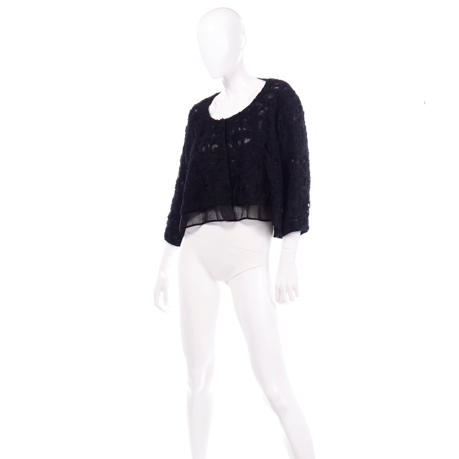 Alberta Ferretti Black Linen and Silk Jacket Top W Soutache Style Detail & Mesh 1