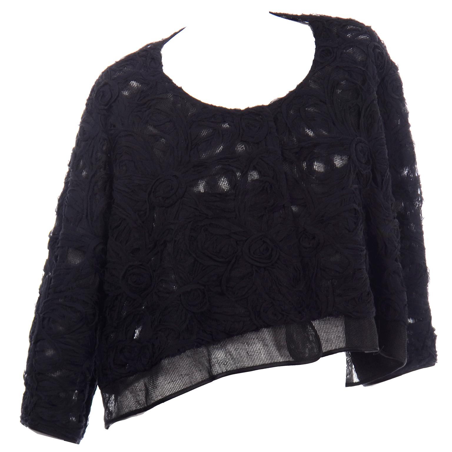 Alberta Ferretti Black Linen and Silk Jacket Top W Soutache Style Detail & Mesh 2