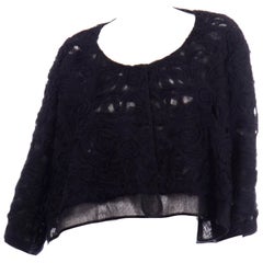 Alberta Ferretti Black Linen and Silk Jacket Top W Soutache Style Detail & Mesh