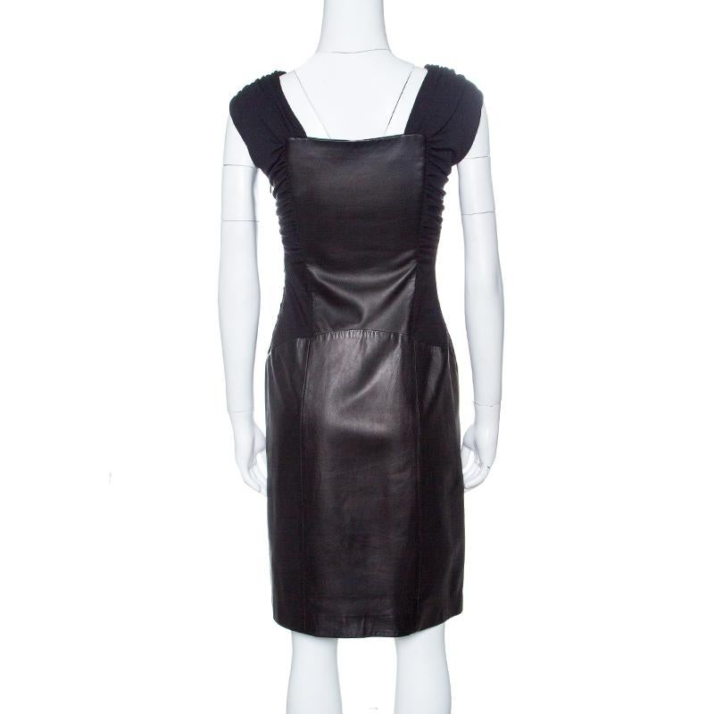 Alberta Ferretti Black Sheep Leather Panel Ruched Sleeveless Dress S In Good Condition In Dubai, Al Qouz 2