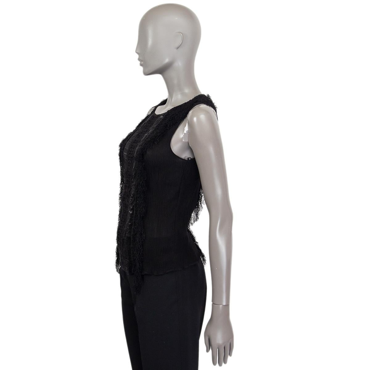 ALBERTA FERRETTI black silk SHEER FRINGED Sleeveless Shirt 42 M In Excellent Condition For Sale In Zürich, CH