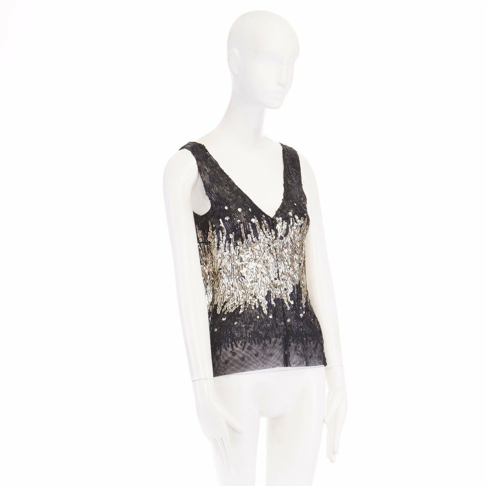 ALBERTA FERRETTI black silver ombre sequins mesh tank top IT40 FR36 US4 UK8 S Reference: WEYN/A00164 
Brand: Alberta Ferretti 
Designer: Alberta Ferretti 
Material: Polyamide 
Color: Black 
Pattern: Other 
Extra Detail: Black polyamide, nylon. Black