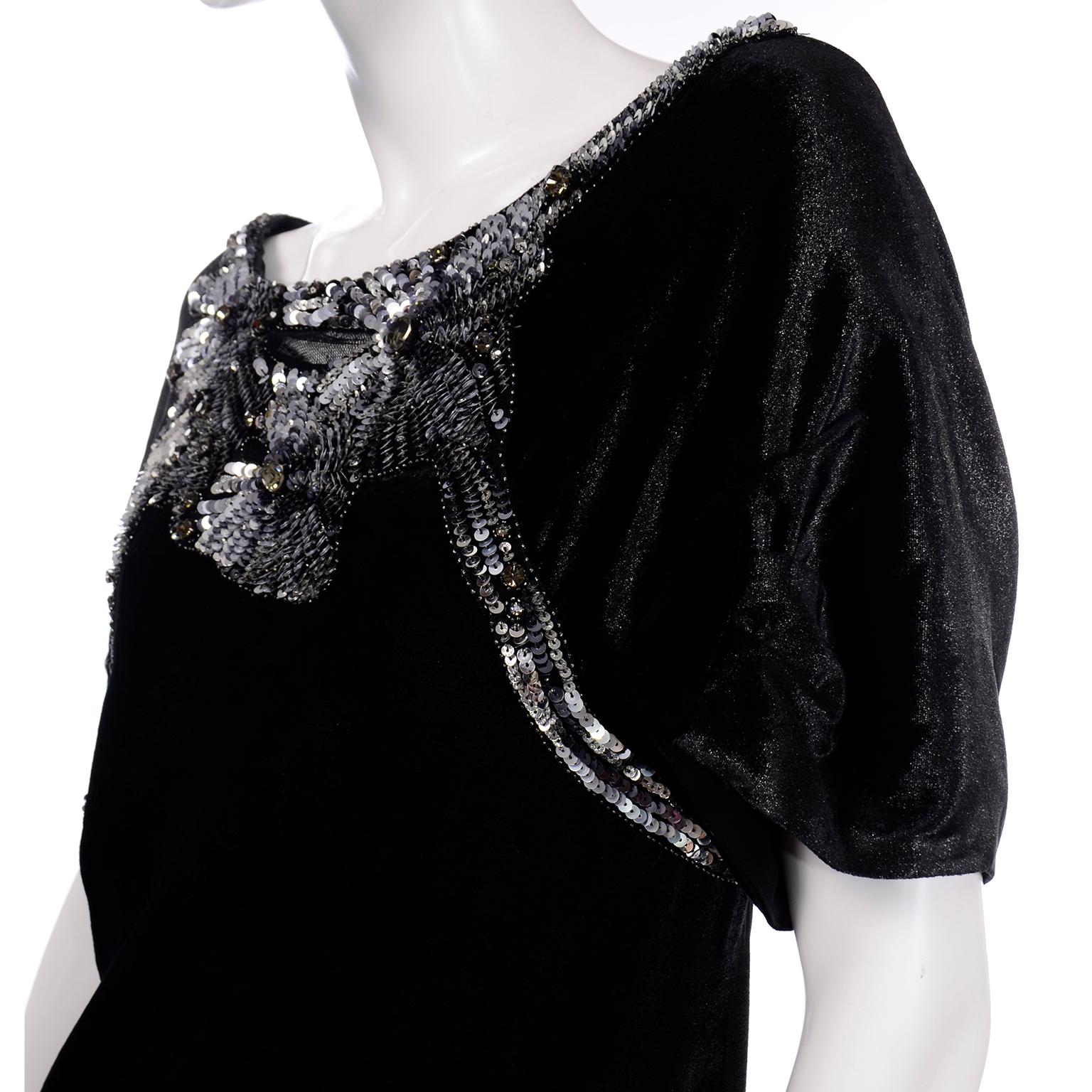 Alberta Ferretti Black Velvet Evening Dress With Sequins and Beads  In Excellent Condition For Sale In Portland, OR