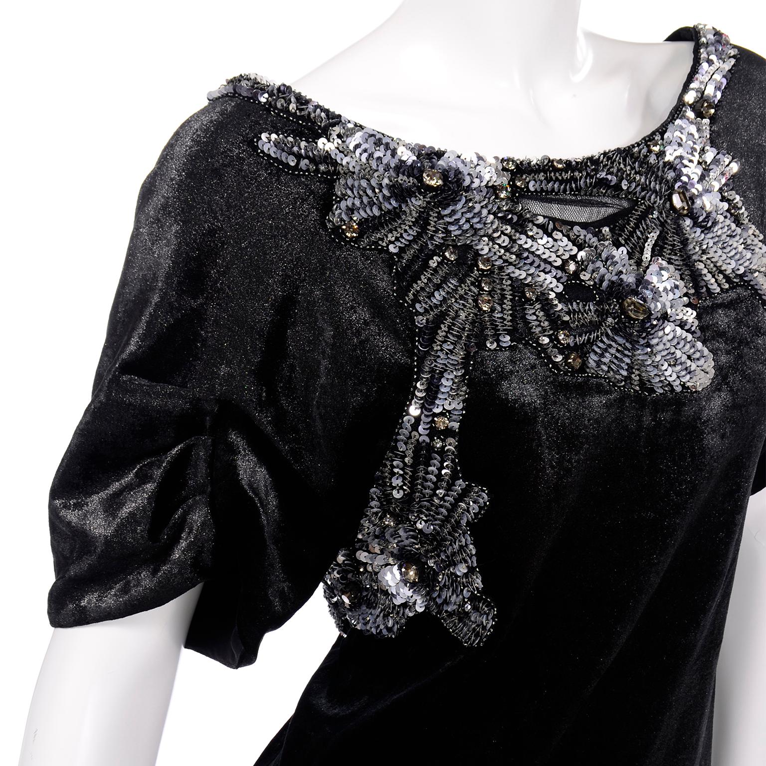 Alberta Ferretti Black Velvet Evening Dress With Sequins and Beads  For Sale 1