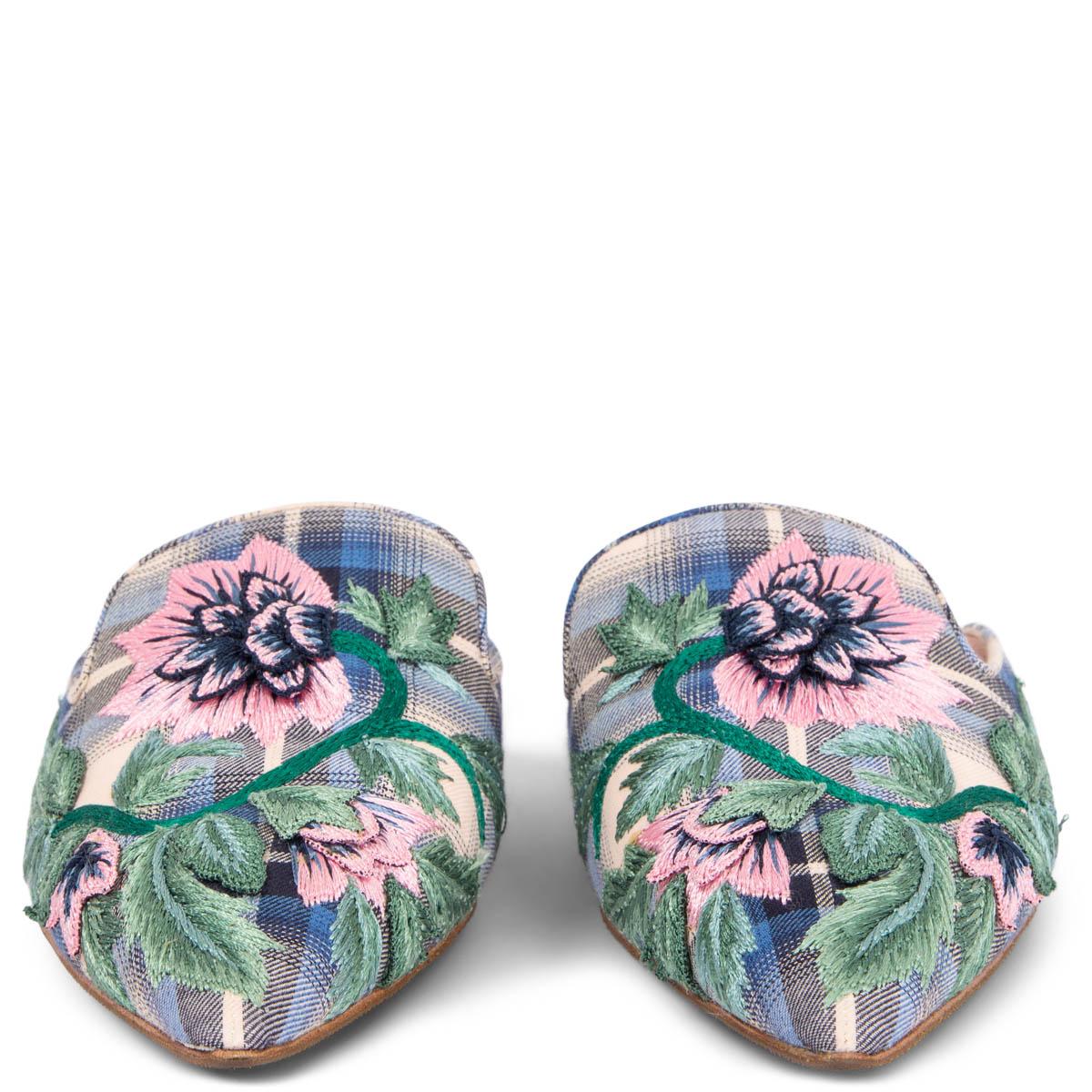 100% authentic Alberta Ferretti Mia floral embroidered mules in nude, navy and blue plaid wool fabric with details in green, baby pink and navy blue. Have been worn once or twice and are in excellent condition. Come with dust bag. Rubber sole got