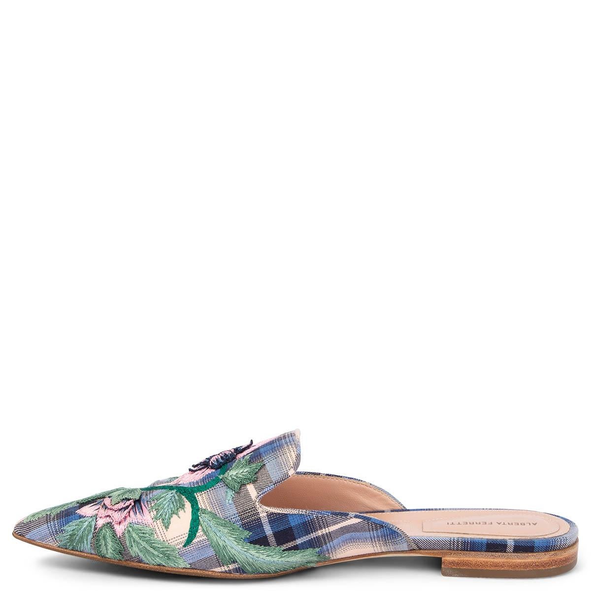ALBERTA FERRETTI blue MIA FLORAL EMBROIDERED PLAID Mules Flats Shoes 38 In Excellent Condition In Zürich, CH