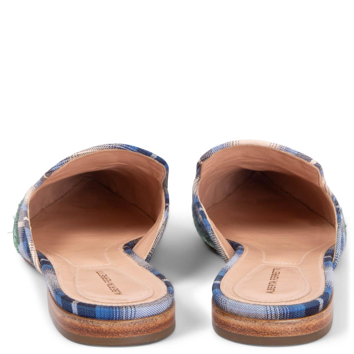 Women's ALBERTA FERRETTI blue MIA FLORAL EMBROIDERED PLAID Mules Flats Shoes 38