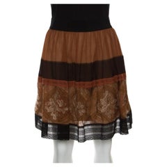 Alberta Ferretti Brown Silk Colorblock Lace Panel Detail Gathered Skirt L