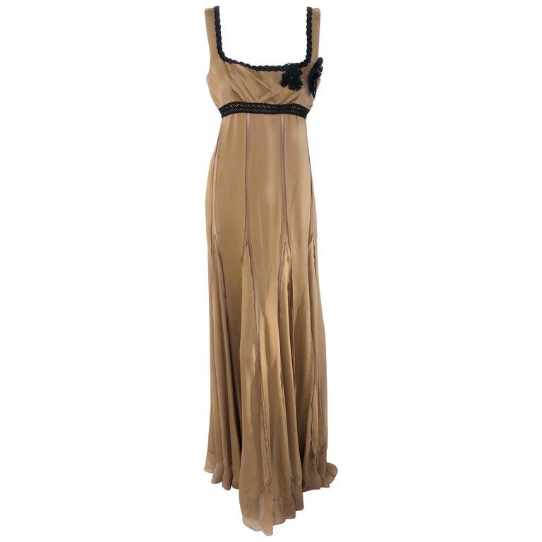 Alberta Ferretti champagne gown with black trim For Sale at 1stDibs