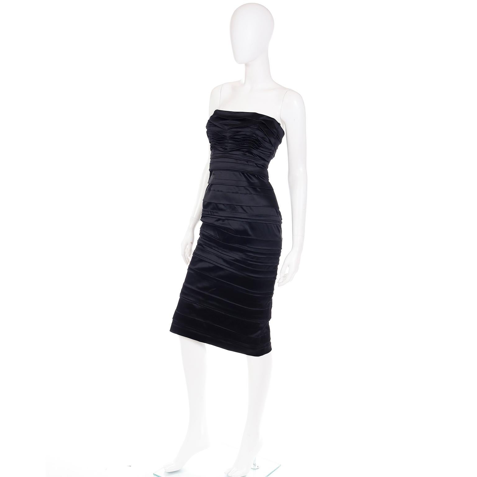 Alberta Ferretti Deadstock Black Silk Satin Ruched Strapless Dress Deadstock For Sale 1