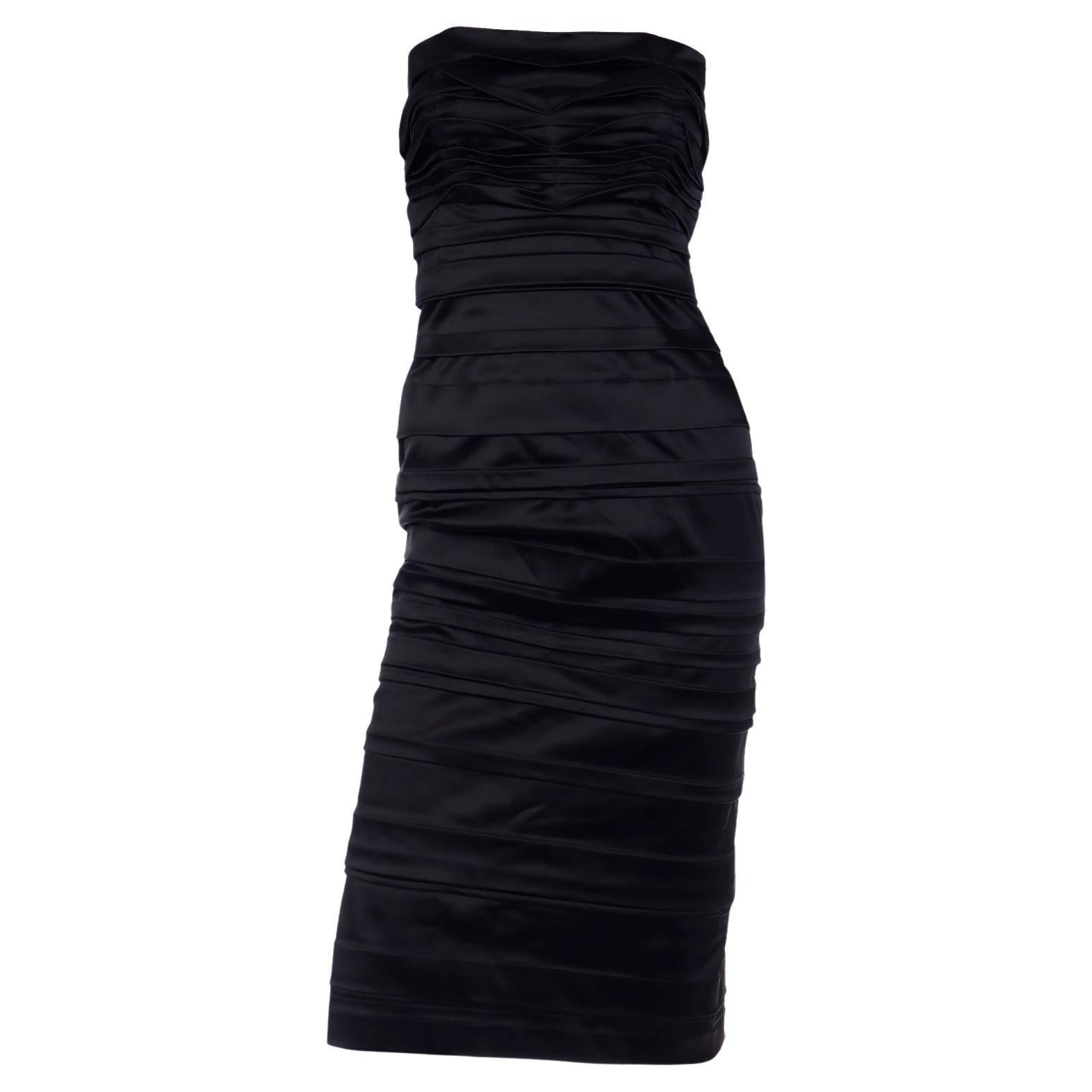 Alberta Ferretti Deadstock Black Silk Satin Ruched Strapless Dress Deadstock For Sale