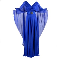 Alberta Ferretti Blue Silk Chiffon with Mini Train and Beaded Belt and Cape