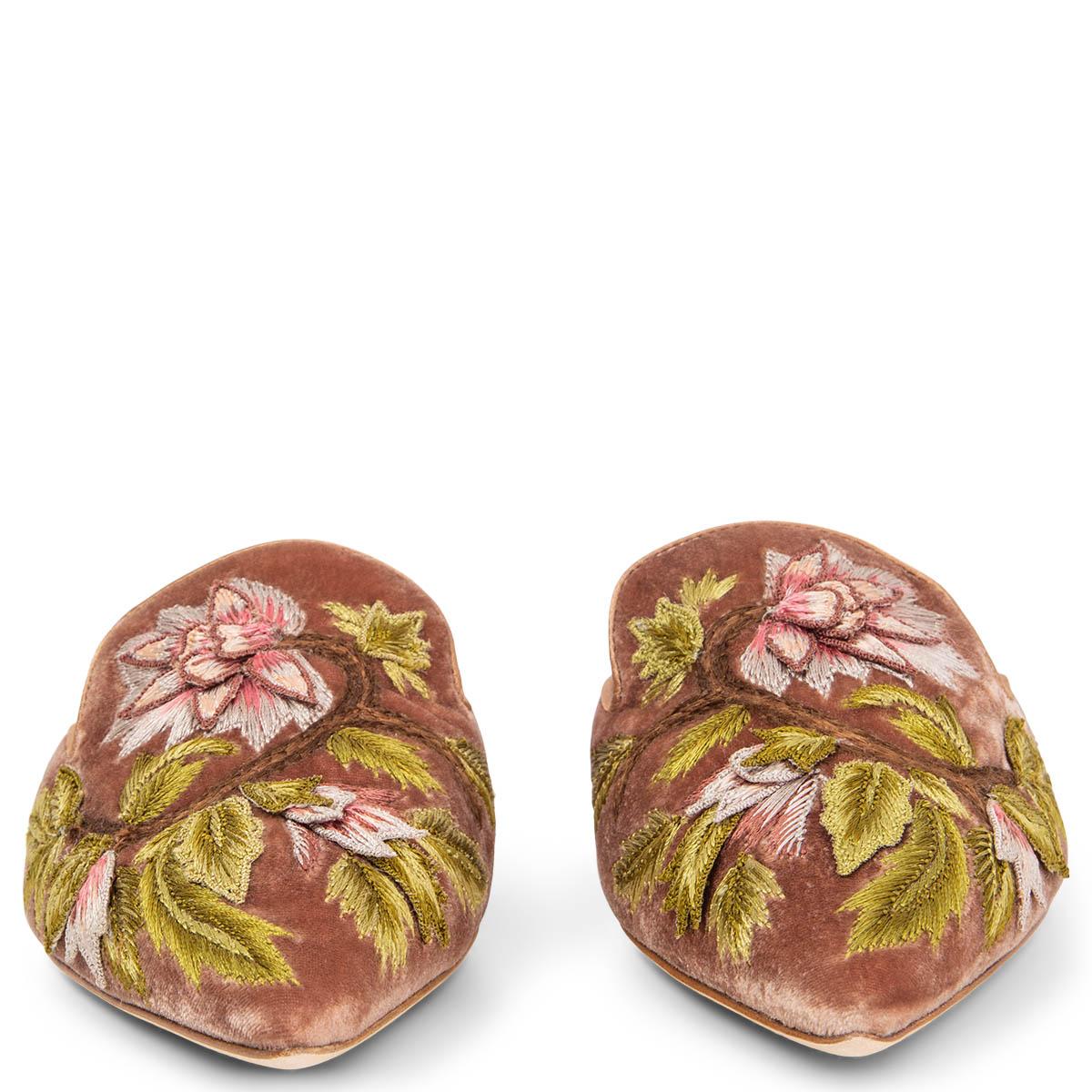 100% authentic Alberta Ferretti Mia pointed-toe mules in dusty rose velvet with olive green, light grey, nude, brown and pink flower embroidery. Brand new. Come with dust bag. 

Measurements
Imprinted Size	38
Shoe Size	38
Inside Sole	25cm