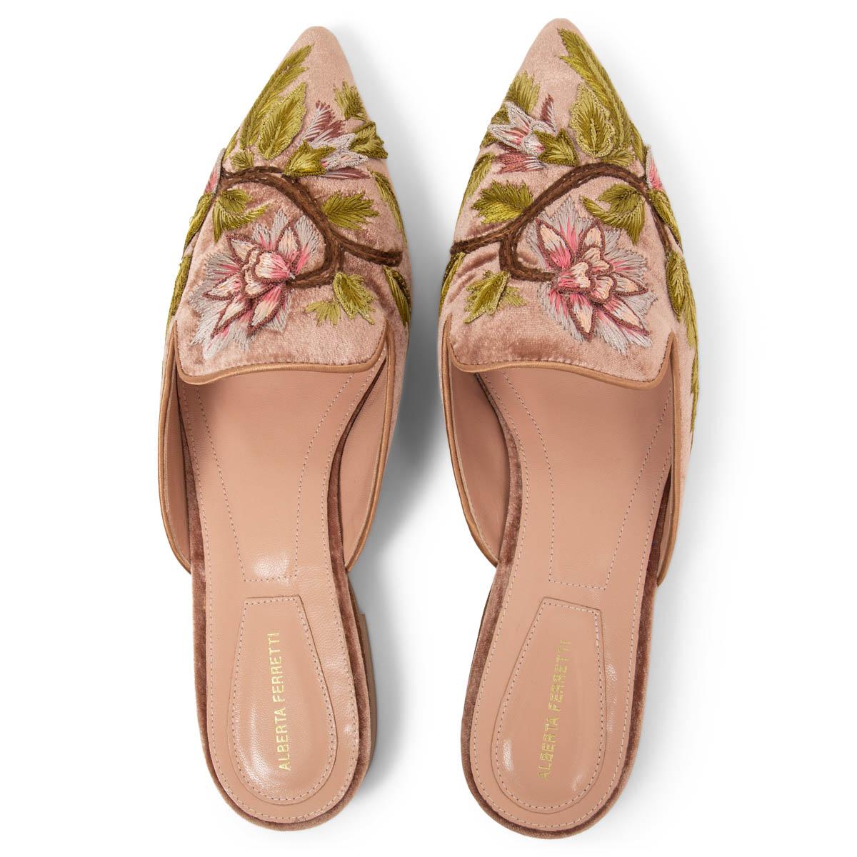 ALBERTA FERRETTI dusty pink EMBROIDERED VELVET MIA Mules Flats Shoes 38 In New Condition In Zürich, CH