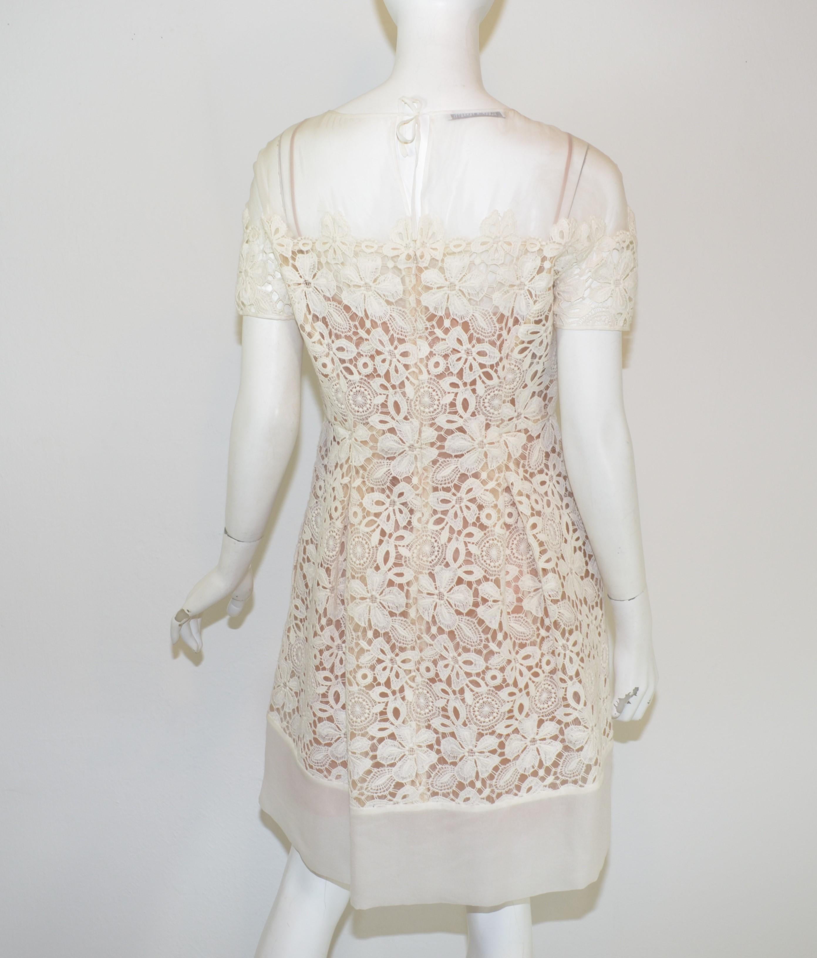 Beige Alberta Ferretti Embroidered Organza A-Line Dress with Flower Motif