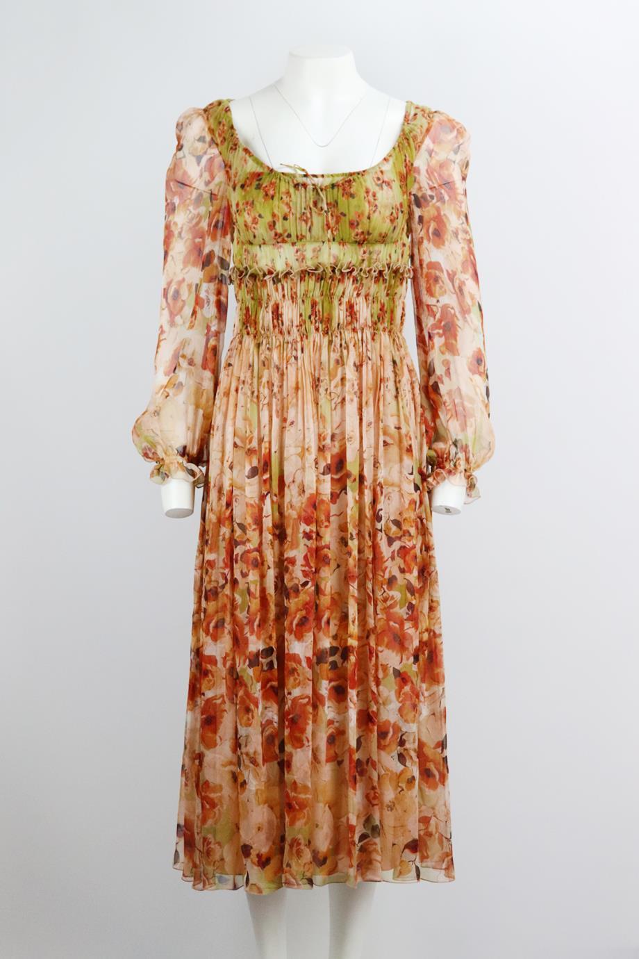 Alberta Ferretti floral print silk georgette midi dress. Multicoloured. Long sleeve, crewneck. Zip fastening at side. 100% Silk. Size: IT 38 (UK 6, US 2, FR 34). Bust: 29 in. Waist: 26 in. Hips: 34 in. Length: 48 in
