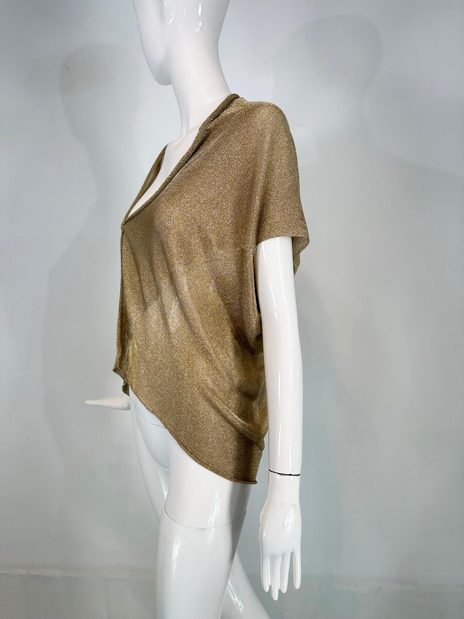 Alberta Ferretti Gold Metallic Knit Asymmetrical Cropped Draped Layering Shrug   In Excellent Condition For Sale In West Palm Beach, FL