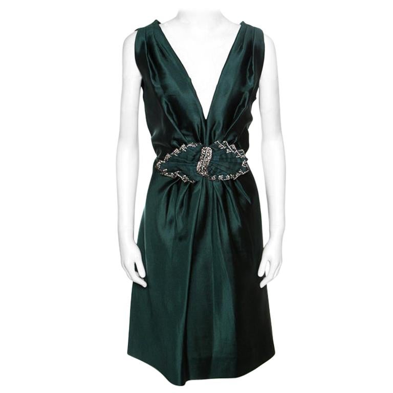 Alberta Ferretti Green Crystal Embellished Waist Detail Sleeveless Dress M