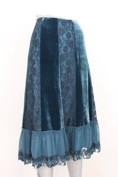Alberta Ferretti Green Lace Silk Velvet Long Skirt 2000s