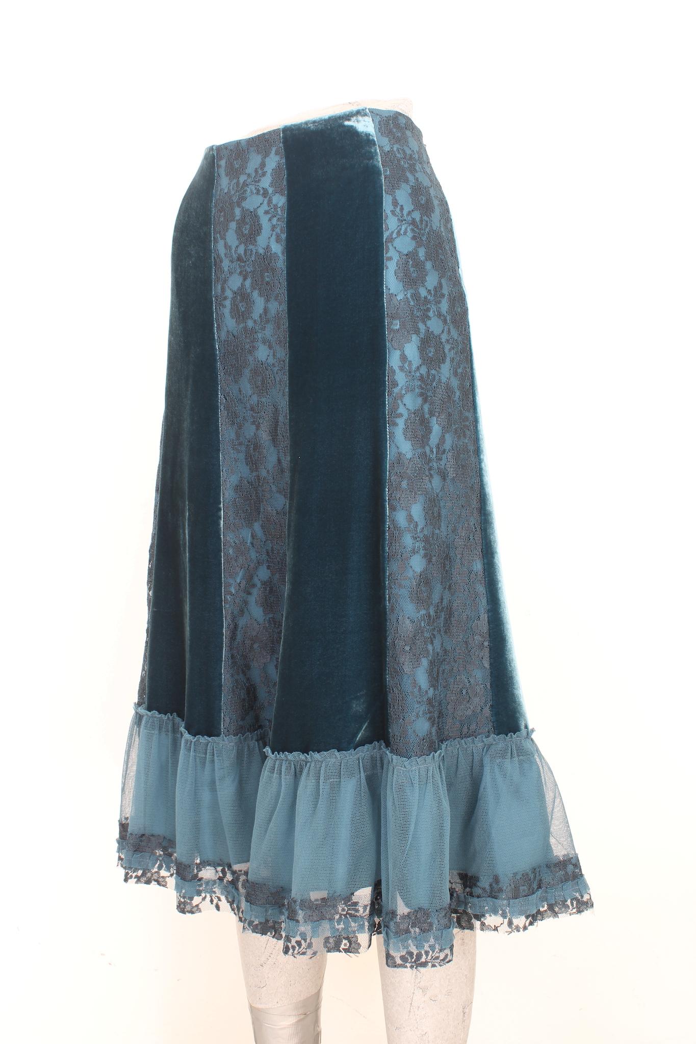 Alberta Ferretti Green Lace Silk Velvet Long Skirt 2000s Excellent état - En vente à Brindisi, Bt