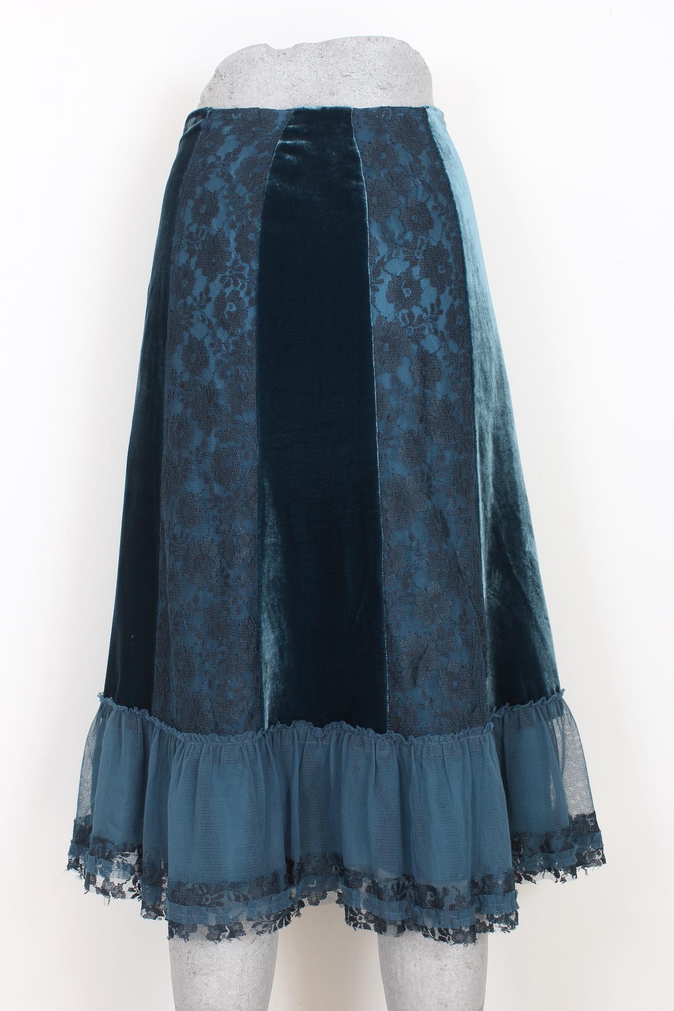 Alberta Ferretti Green Lace Silk Velvet Long Skirt 2000s Pour femmes en vente