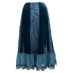 Alberta Ferretti Green Lace Silk Velvet Long Skirt 2000s
