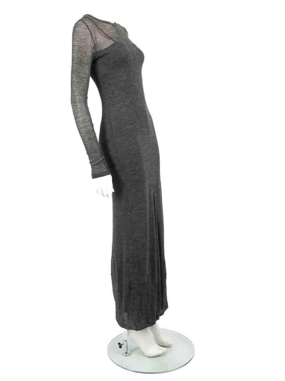 CONDITION is Good. Minor wear to dress is evident. Some small marks to the front of the dress on this used Alberta Ferretti designer resale item.
 
 
 
 Details
 
 
 Grey
 
 Synthetic
 
 Knit dress
 
 Maxi
 
 Long sleeves
 
 Sheer
 
 Round neck
 

