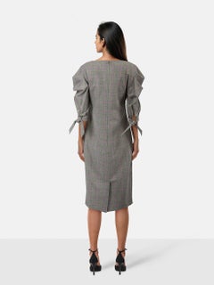Alberta Ferretti Grey Tartan Ruched Sleeve Dress Size L