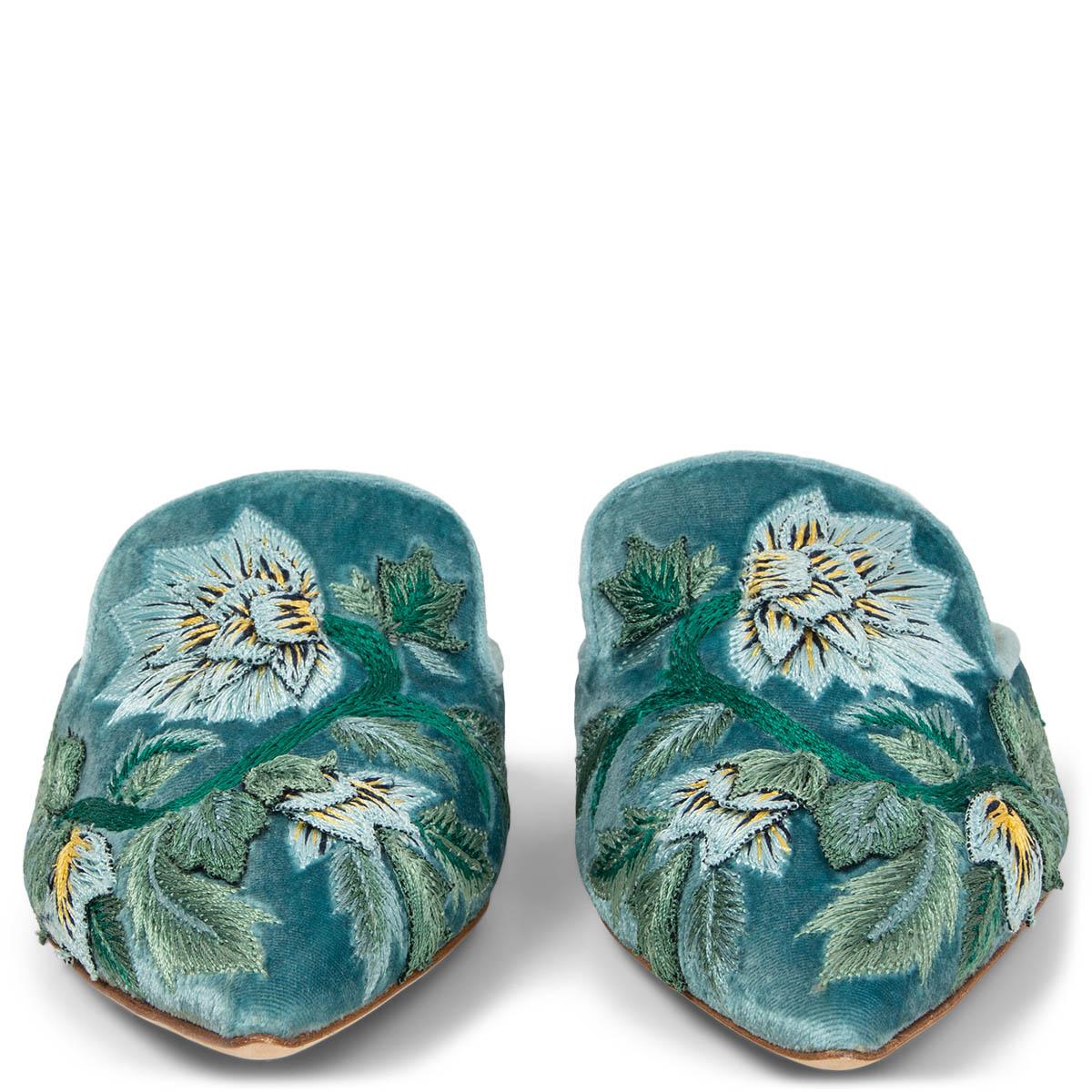 100% authentic Alberta Ferretti Mia pointed-toe mules in light blue velvet with petrol, yellow and navy flower embroidery. Brand new. Come with dust bag. 

Measurements
Imprinted Size	38
Shoe Size	38
Inside Sole	25cm (9.8in)
Width	7.5cm