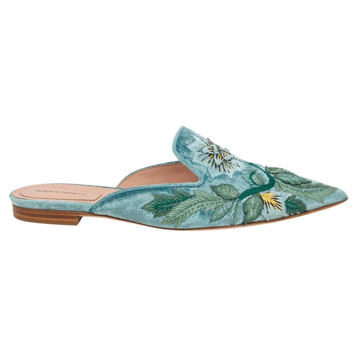 ALBERTA FERRETTI light blue EMBROIDERED VELVET MIA Mules Flats Shoes 38 For  Sale at 1stDibs