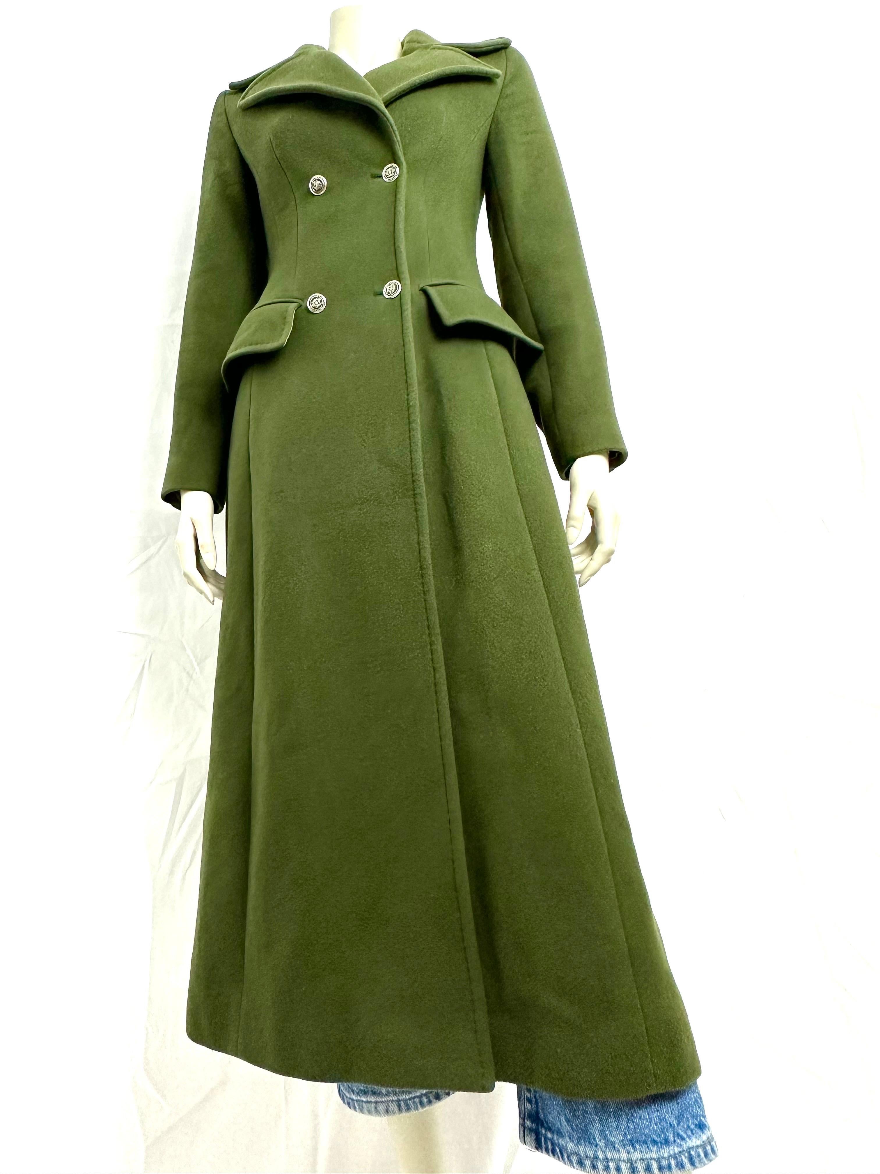 Alberta Ferretti long slim-fit coat in khaki wool For Sale 5