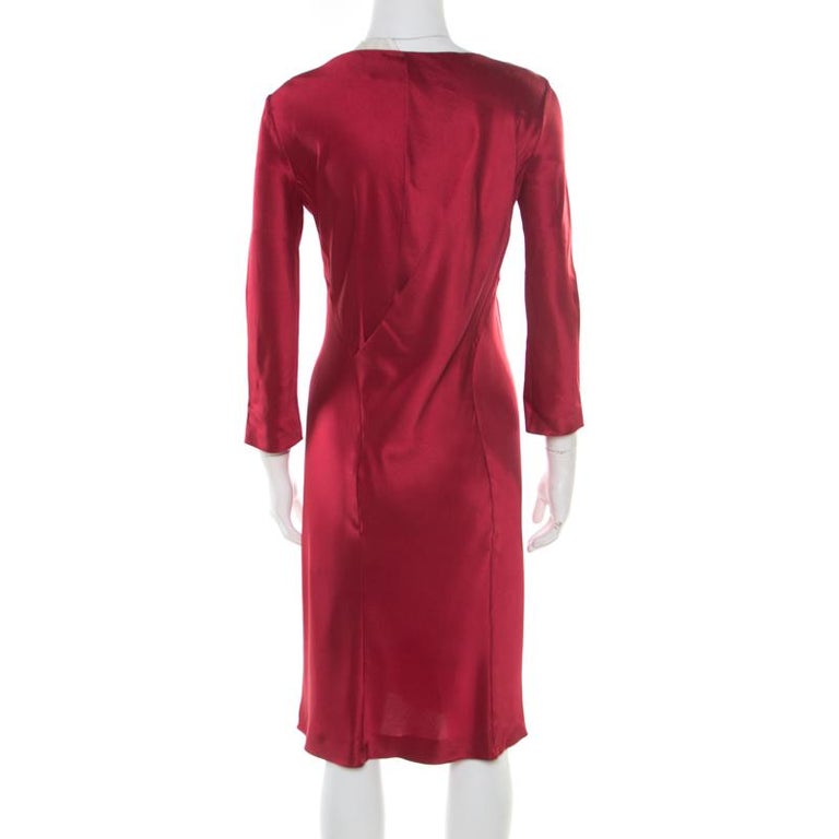 Alberta Ferretti Maroon Silk Draped Back Detail Long Sleeve Midi Dress ...
