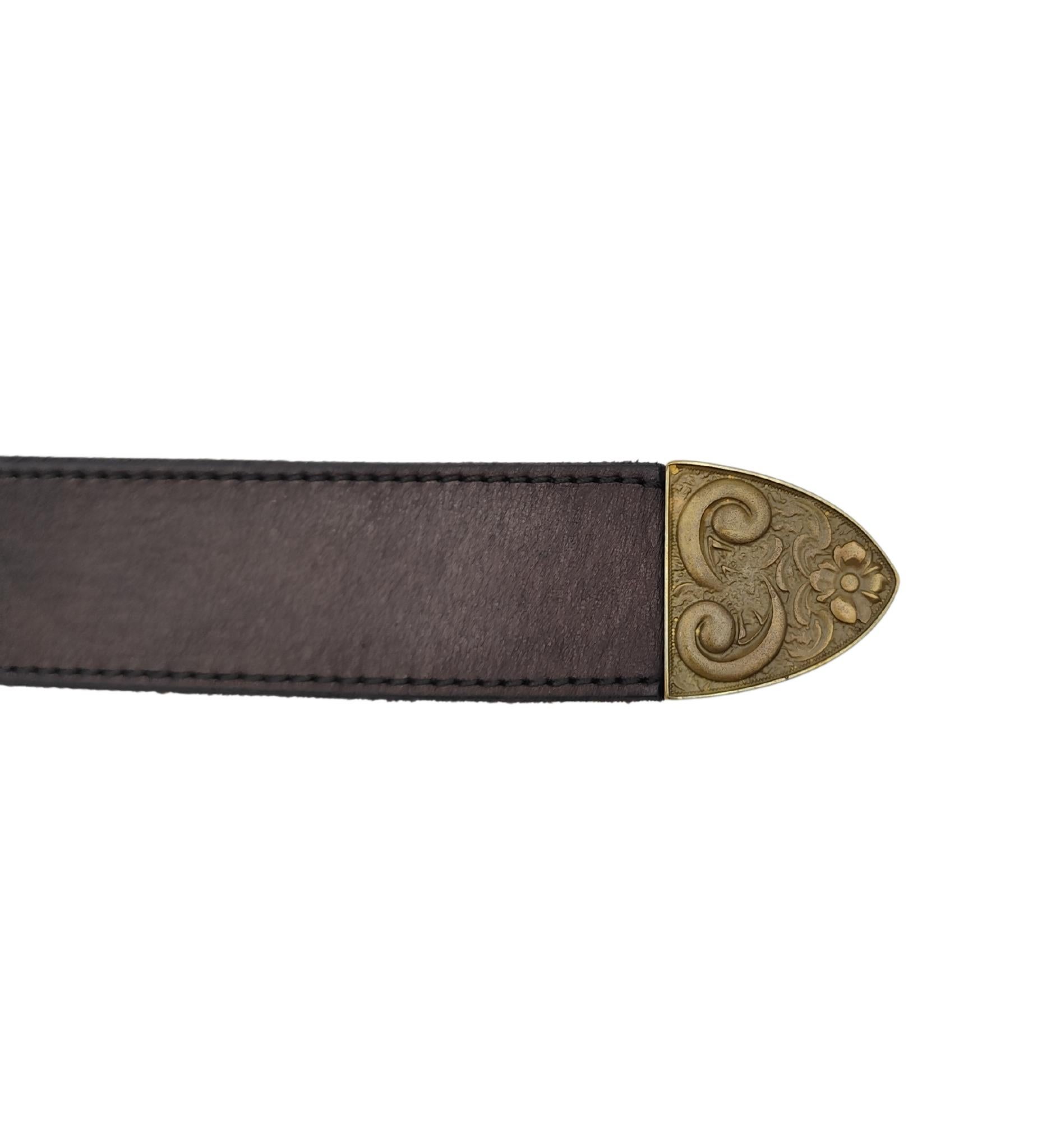 Women's Alberta Ferretti metallic black leather engraved buckle belt For Sale